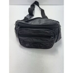 VTG 90's Unbranded Black Genuine Leather Fanny Pack Hip Waist Pockets Zipped Bag